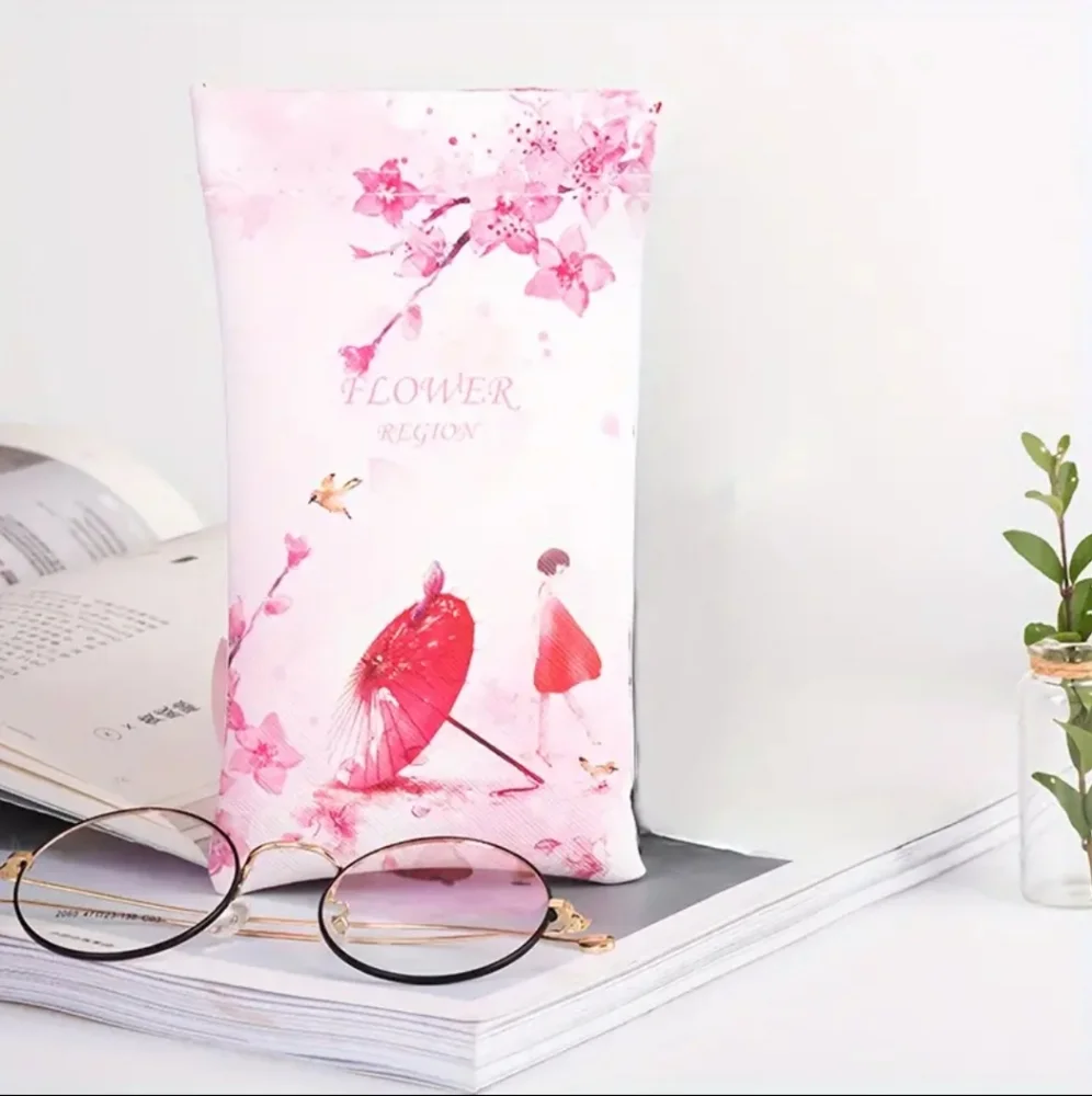 Colorful Design Glasses Pouch Soft Eyewear Sleeve PU Leather, Flower Pink